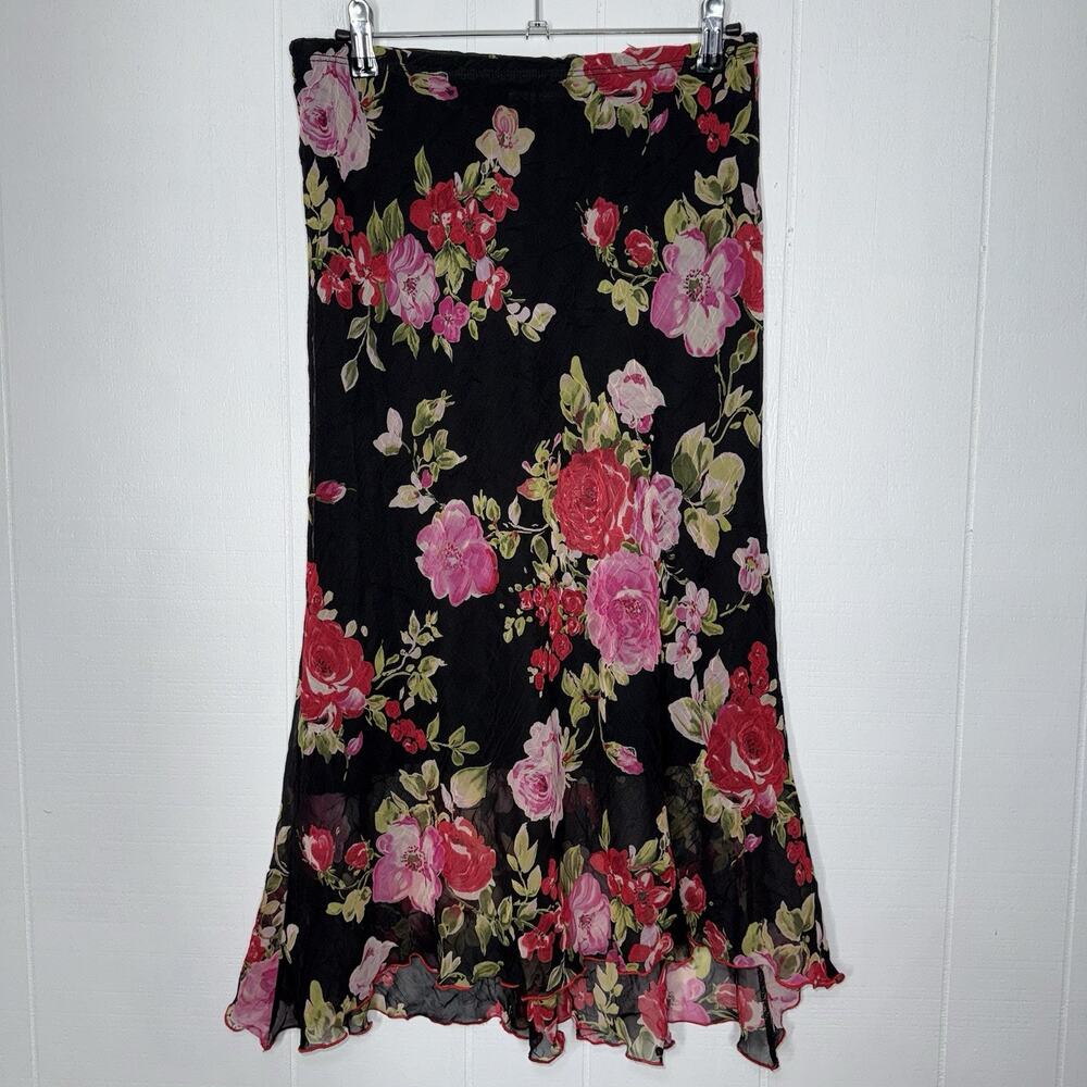 Vintage CLIO Women’s 90s Floral Pull On Skirt Whimsy Goth Roses Black Size M